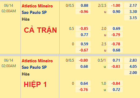 THÔNG TIN TỶ LỆ BÓNG ĐÁ Atletico Mineiro vs Sao Paulo