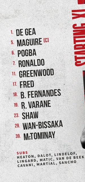 ĐỘI HÌNH XUẤT PHÁT:  Man Utd XI: De Gea, Wan-Bissaka, Varane, Maguire, Shaw, Fred, McTominay, Greenwood, Fernandes, Pogba, Ronaldo.  Aston Villa XI: Martinez, Cash, Konsa, Hause, Mings, Targett, Ramsey, Luiz, McGinn, Ings, Watkins.