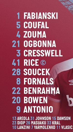 ĐỘI HÌNH RA SÂN trận West Ham vs Brentford