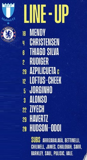 ĐỘI HÌNH RA SÂN trận Malmo vs Chelsea