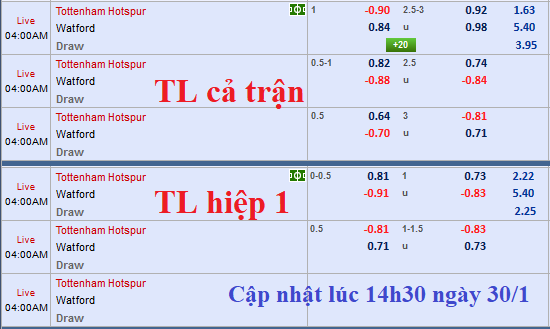CHỐT KÈO TRỰC TIẾP trận Tottenham vs Watford (03h00)