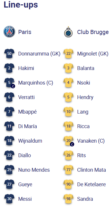 ĐỘI HÌNH RA SÂN trận PSG vs Club Brugge