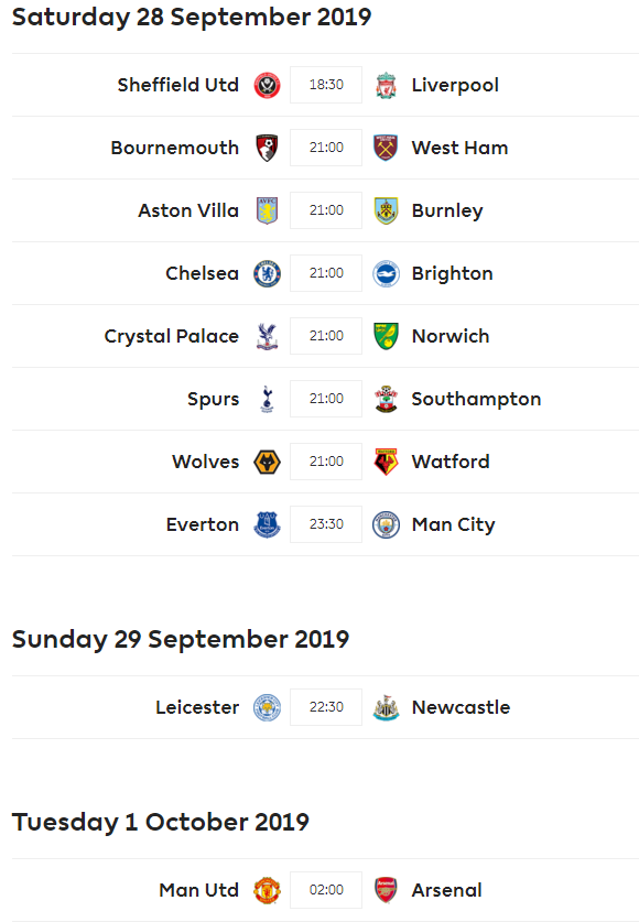 Lịch thi đấu vòng 7 giải Ngoại hạng Anh - Premier League