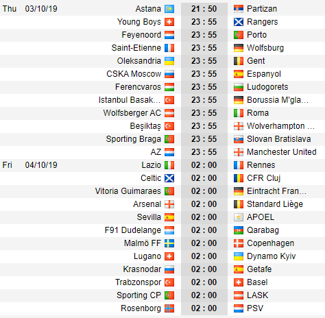 Cập nhật lịch thi đấu lượt 2 vòng bảng Europa League