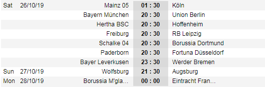 Lịch thi đấu vòng 9 giải VĐQG Đức - Bundesliga 1