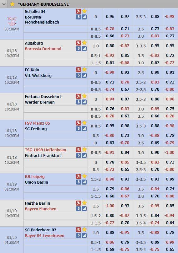 Cập nhật tỷ lệ châu Á vòng 18 giải VĐQG Đức - Bundesliga 1