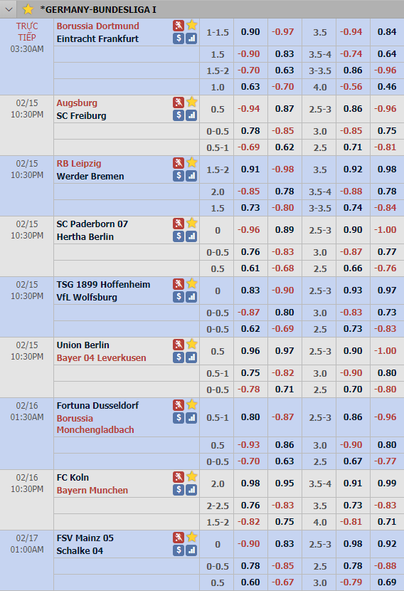 Cập nhật tỷ lệ châu Á vòng 22 giải VĐQG Đức - Bundesliga 1